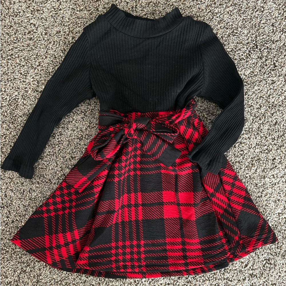 Baby Toddler Girl Christmas Holiday Black and Red Plaid Kids Dress with Bow